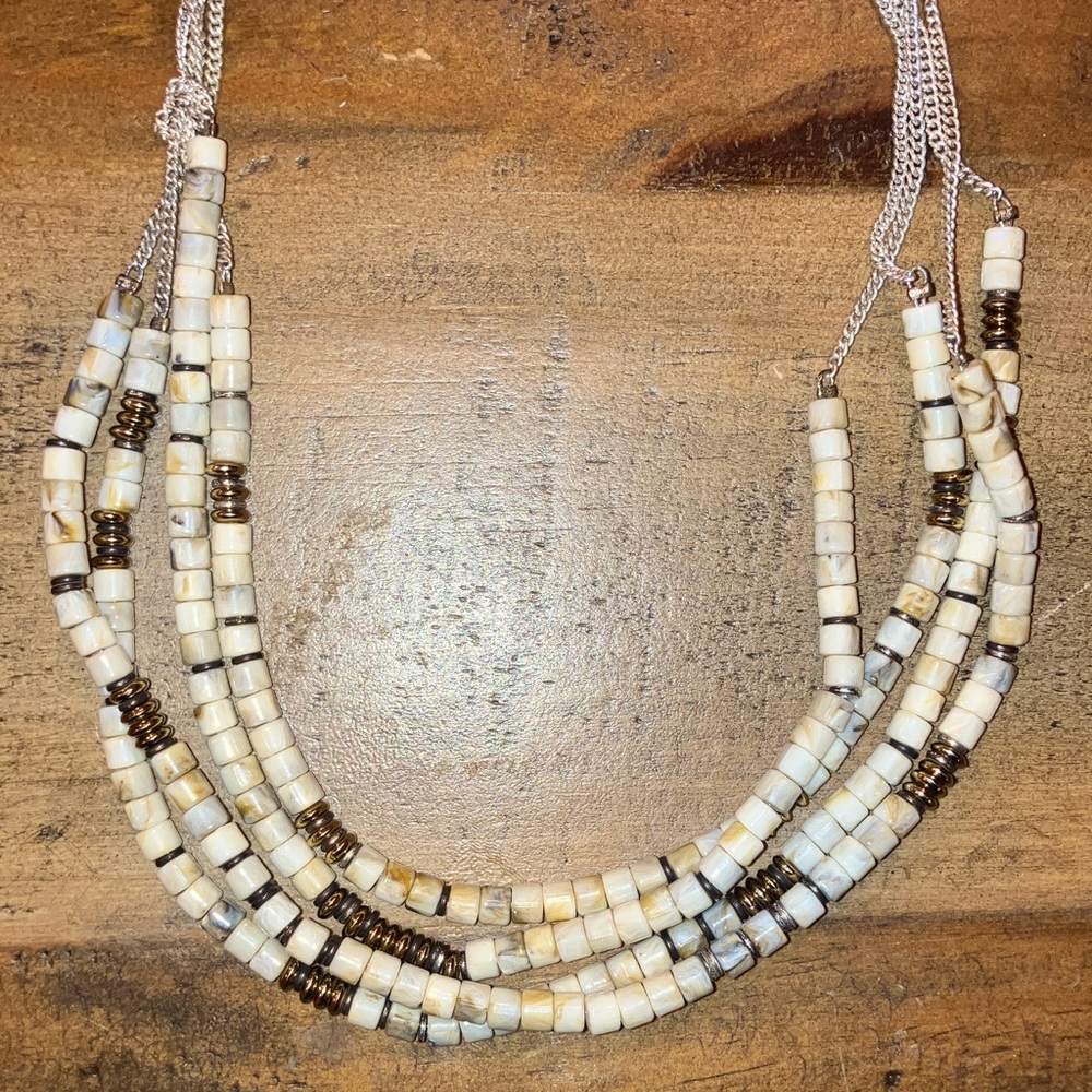 Kenneth Cole Multi Strand Beaded Statement Necklace Neutral Tones Cream Gray - Picture 2 of 4